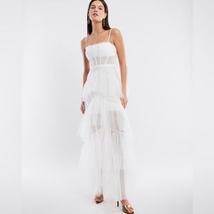 BCBG Oly Tiered Ruffle Tulle Evening Gown- white